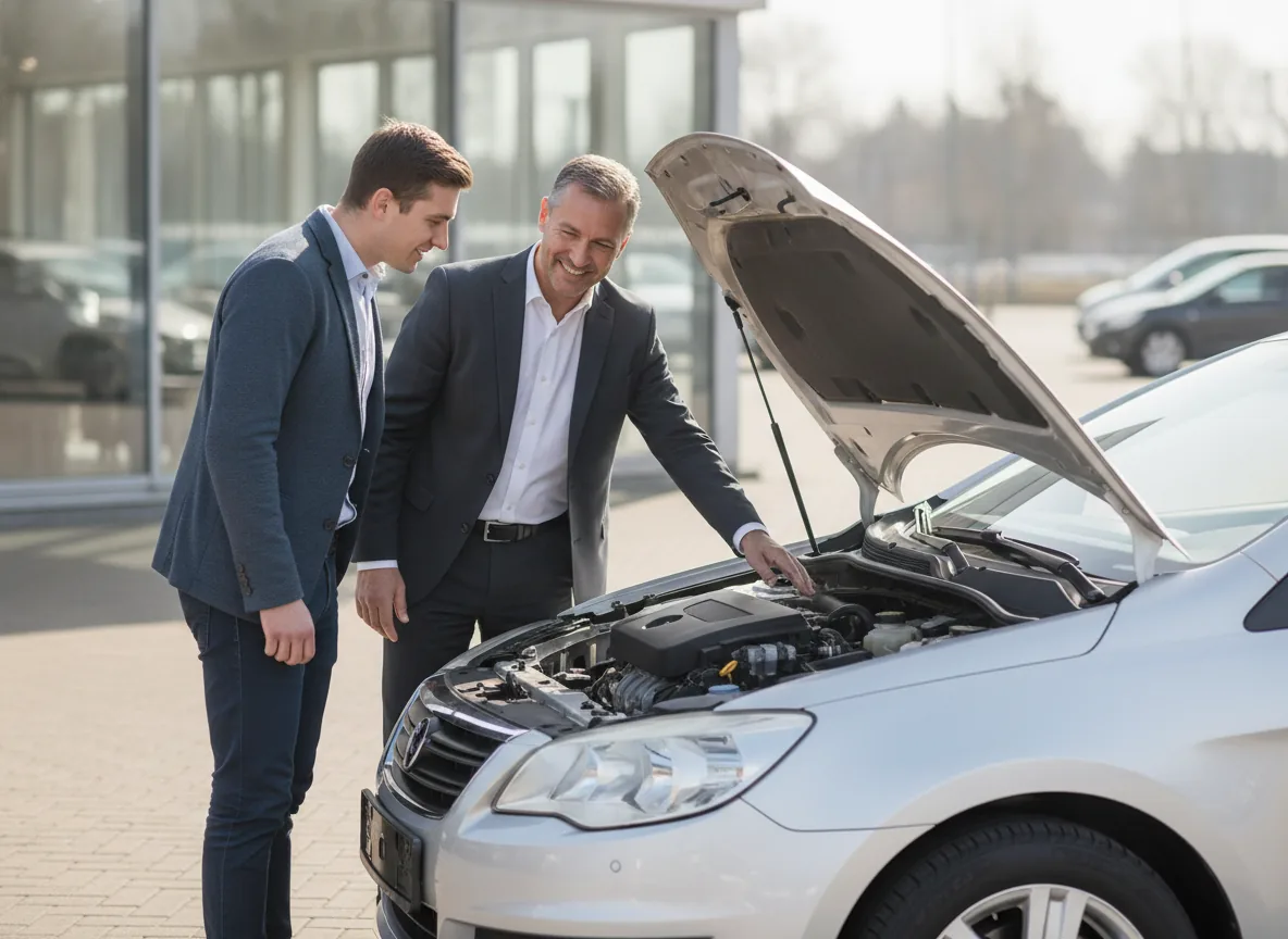 Professional car sales consultant with a customer beside